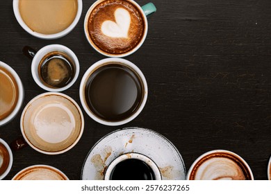 Assorted coffee cups on a dark table. Coffee with latte art, espresso, and black coffee. variety showcasing different styles. Cup with coffee background image.