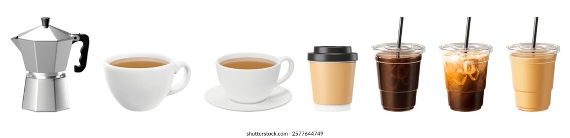 Assorted coffee drinks and cups. Coffee maker, white cups, to-go cups, iced coffee. Coffee variety: espresso, latte. Illustration set isolated on white background.