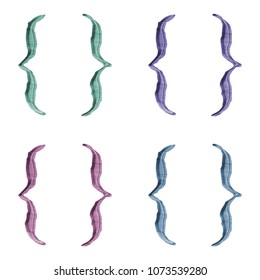 Assorted color painted wooden curly brackets set in a 3D illustration with a wood grain texture in mint green purple pink & blue jagged fonts on white with clipping path