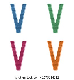 Assorted color wood letter V set in a 3D illustration in colorful blue green pink & orange wood grain styles with a rustic font type on white with clipping path - Shutterstock ID 1075114112