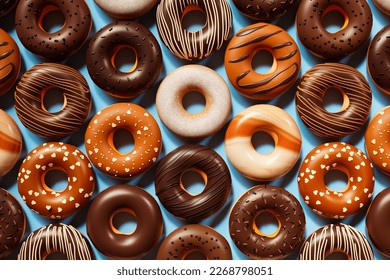 Assorted donuts. Set of many sweet buns with chocolate frosting, Tofee glazing, sprinkles or powdered sugar. Cocoa various decorated doughnuts.