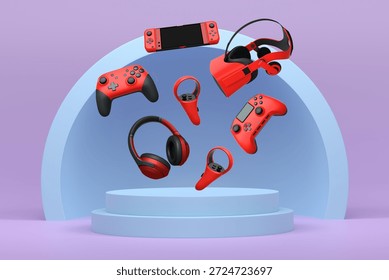 Assorted gaming gadgets like controllers, VR headset, mouse, and mic floating above circular podium and white platform, on abstract backdrop