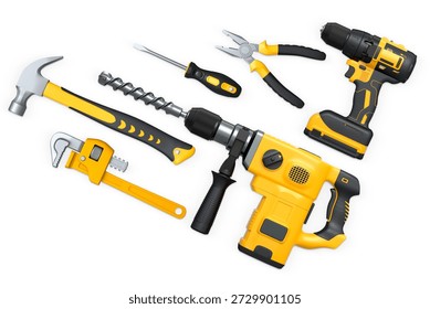 Assorted hand and power tools including drill, hammer, and pliers isolated on white background with clipping path. Concept of repair and construction