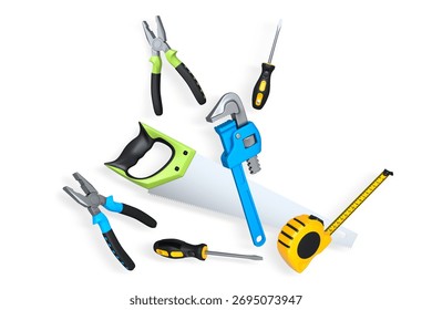 Assorted hand tools including pliers, wrench, screwdriver, saw, and tape measure isolated on white background with clipping path, concept of DIY
