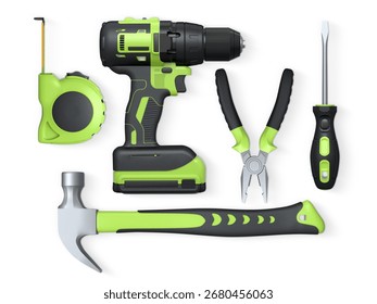 Assorted hand tools like pliers, tape measure, hammer, and drill isolated on white background with clipping path, concept of DIY.