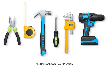 Assorted hand tools like pliers, tape measure, hammer, and drill isolated on white background with clipping path, concept of DIY.