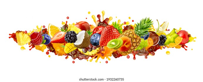 Assorted healthy fresh fruits, berries colorful mix. Creative wide layout collage of forest fruits group, citrus, berries set, exotic tropical fruits assortment, mixed juice blend 3D splashes isolated - Powered by Shutterstock