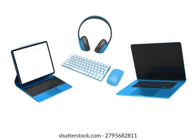 Assorted modern digital devices shown in minimal style isolated on white background, conveying a concept of contemporary technology.