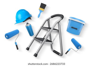 Assorted painting tools including rollers, brush, spray can, helmet, and step ladder isolated on white background with clipping path, representing home renovation concept