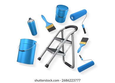 Assorted painting tools including rollers, brush, spray can, helmet, and step ladder isolated on white background with clipping path, representing home renovation concept
