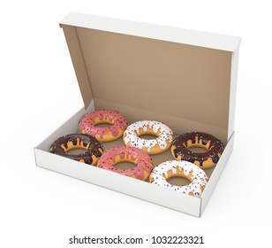 Assorted Sweet Donuts in a Paper Cardboard Box on a white background. 3d Rendering 