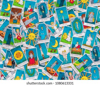 Assorted Tarot Cards Scattered On A Table, Seamless Pattern