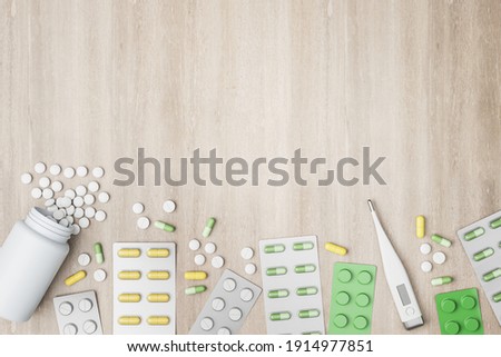 Similar – Image, Stock Photo Assorted pharmaceutical medicine pills, tablets and capsules