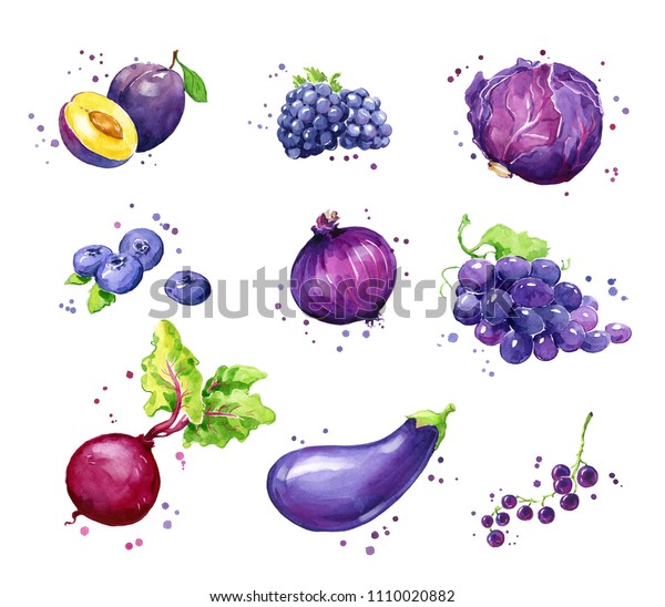 紫の食べ物 水彩の果物 野菜の盛り合わせ のイラスト素材