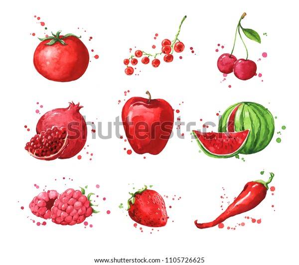 赤い食べ物 水色の果物 野菜の盛り合わせ のイラスト素材