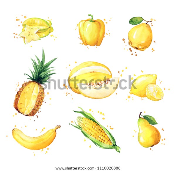 黄色い食べ物 水色のフルーツ 野菜の品ぞろえ のイラスト素材