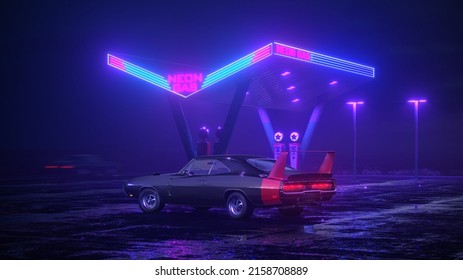 Astana, Kazakhstan - MAY 03, 2022: Neon gas station and retro car. Vintage cyberpunk auto. Fog rain and night. Color vibrant reflections on asphalt. Dodge Charger Daytona Hemi. 3D illustration.