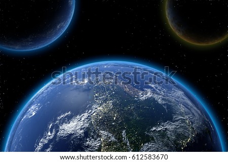 Asteriods in blue earthe from space in 3D. Elements of this image furnished by NASA