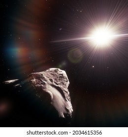 Asteroid 101955 Bennu, with Sun and lens flare in warm tone, realistic 3D rendering
