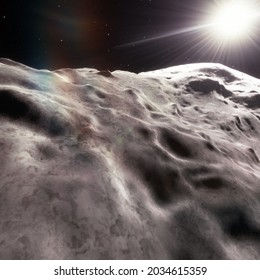 Asteroid 101955 Bennu, surface with Sun and lens flare, realistic 3D rendering