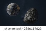 Asteroid 99942 Apophis in space, flyby planet, 3d rendering concept illustration. Near Earth asteroids, potentially hazardous.