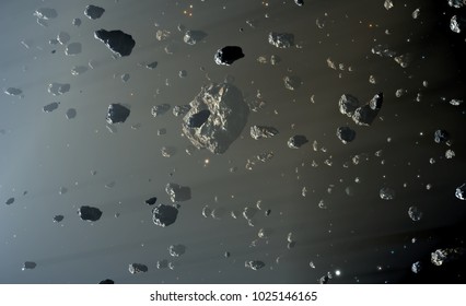 Asteroid Belt. Located Between The Orbits Of Mars And Jupiter, 3d Rendering