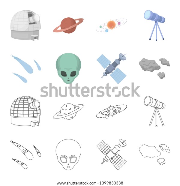 Asteroid, car,\
meteorite, space ship, station with solar batteries, the face of an\
alien. Space set collection icons in cartoon,outline style bitmap\
symbol stock illustration\
web.