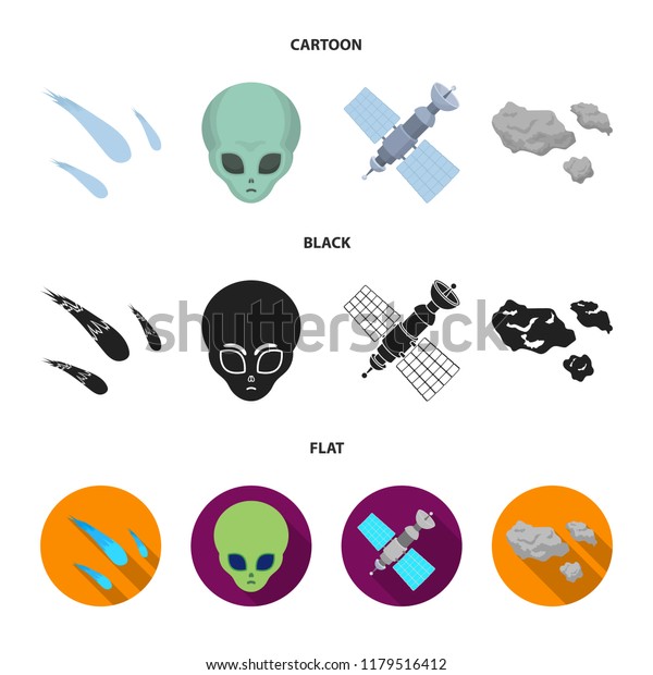 Asteroid, car,\
meteorite, space ship, station with solar batteries, the face of an\
alien. Space set collection icons in cartoon,black,flat style\
bitmap symbol stock illustration\
web.