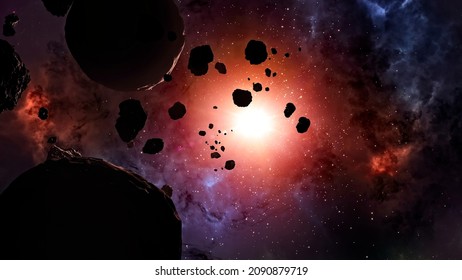 Asteroid And Debris In The Space. Asteroid Rings Around A Planet. Big Star In The Background. 3d Rendering