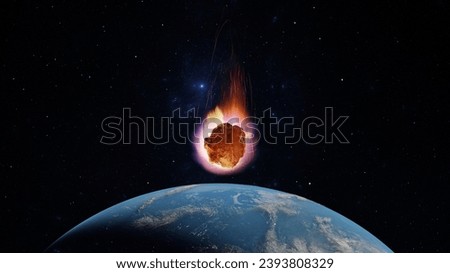 Asteroid, fall of comet to earth, Armageddon disaster, danger meteorite. Huge fiery comet is flying in space towards Earth. 3d render