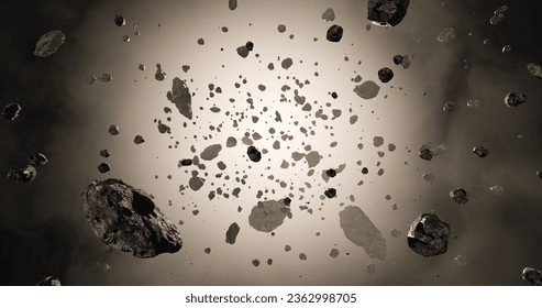 Asteroid field or belt 3D rendering illustration. Outer space, astronomy, spacescape, science concept.