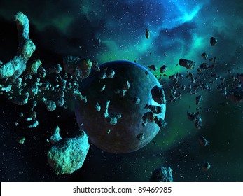 Asteroid Field And Nebula