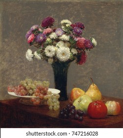Asters and Fruit on a Table, by Henri Fantin-Latour, 1868, French impressionist oil painting. Fantin-Latour used simple vases and plain tabletops that emphasized his virtuoso painting of flowers