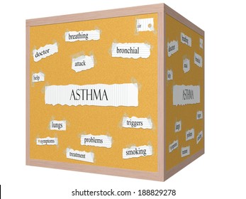 Asthma 3D Cube Corkboard Word Concept With Great Terms Such As Attack, Bronchial, Air And More.