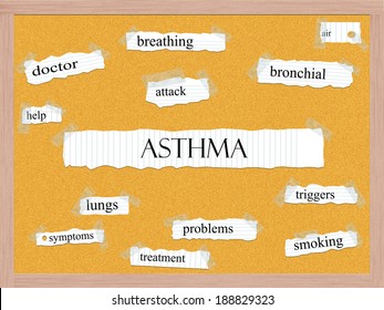 Asthma Corkboard Word Concept With Great Terms Such As Attack, Bronchial, Air And More.