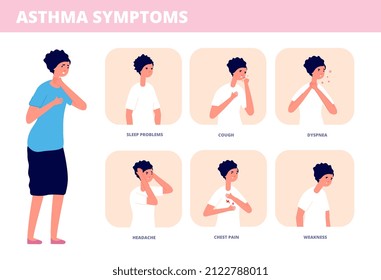 Asthma Symptoms. Person Choking, Chronic Breathing Problem Disease. Asthmatic Breath Infographic, Allergy Or Sickness Utter Concept