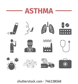 Asthma Symptoms And Symbols. Asthma Icons. Flat Set