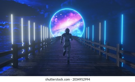Astranaut runs along the endless wooden bridge across the ocean to his dream. Space circle with neon lighting ahead. 3d illustration