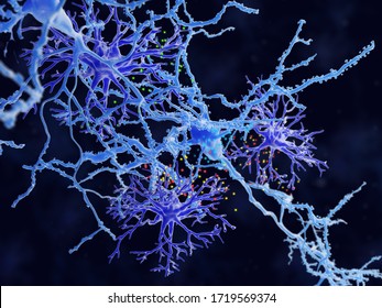 Astrocyte-neuron communication through chemical signals. Protoplasmic astrocytes (violet) play an active role  in memory and learning through  communication with neurons. 3d rendering