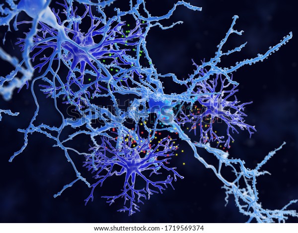 Astrocyte-neuron\
communication through chemical signals. Protoplasmic astrocytes\
(violet) play an active role  in memory and learning through \
communication with neurons. 3d\
rendering