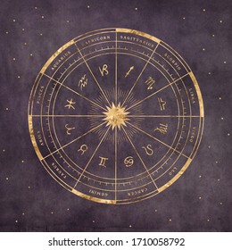Astrological Chart with signs of the zodiac in gold metallic foil on a deep purple background. 