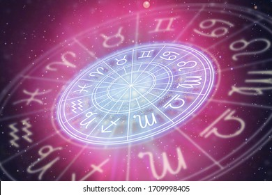 Astrological signs of the zodiac for the horoscope on the background of the starry sky. Illustration.