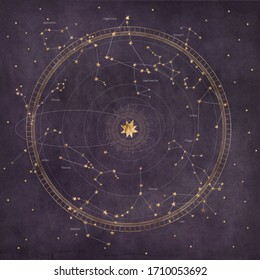 Astrological star map with planetary orbits and zodiac constellations on a dark purple background texture.