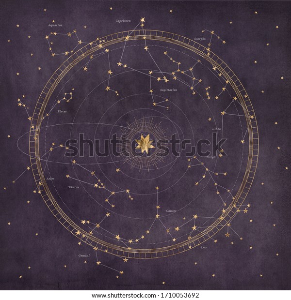Astrological star map with\
planetary orbits and zodiac constellations on a dark purple\
background\
texture.