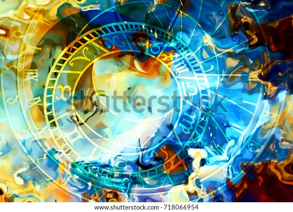 astrological symbol Zodiac. Abstract color\
background. Computer\
collage.