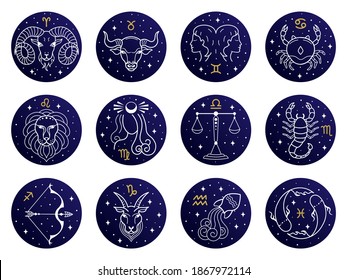 Astrological zodiac signs. Aries, taurus, leo and gemini horoscope, virgo scorpio libra aquarius zodiac, sagittarius, pisces capricorn cancer  symbols. Constellations on blue