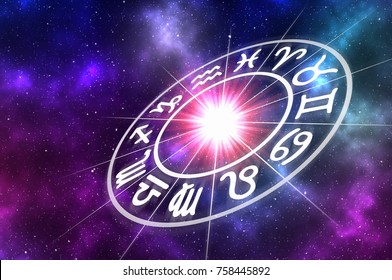Astrological zodiac signs inside of horoscope circle on universe background - astrology and horoscopes concept