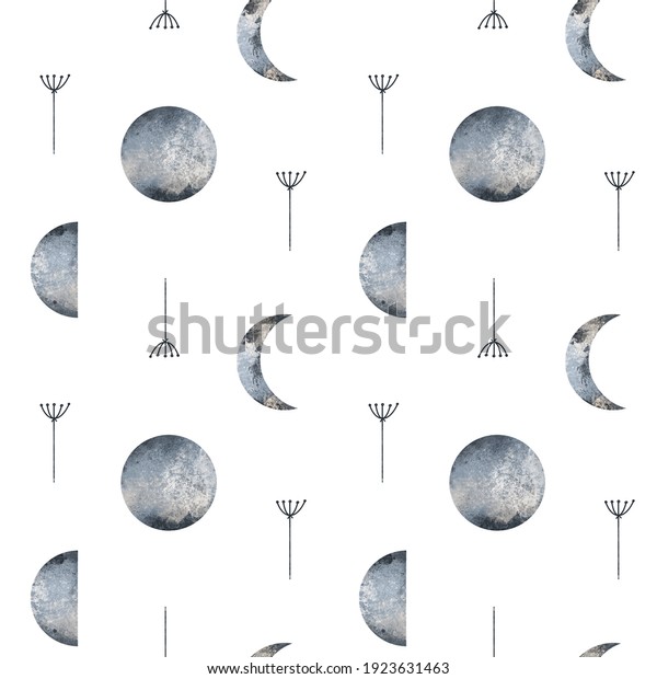 Astrology moon and branches of plants herbs with\
leaves pattern seamless square isolate on white background.\
Textured digital art. Print for textiles, postcard, banner,\
website, stationery,\
tattoo