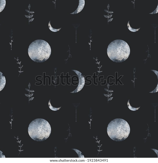 Astrology moon and branches of plants herbs with\
leaves pattern seamless square isolate on black background.\
Textured digital art. Print for textiles, postcard, banner,\
website, stationery,\
tattoo