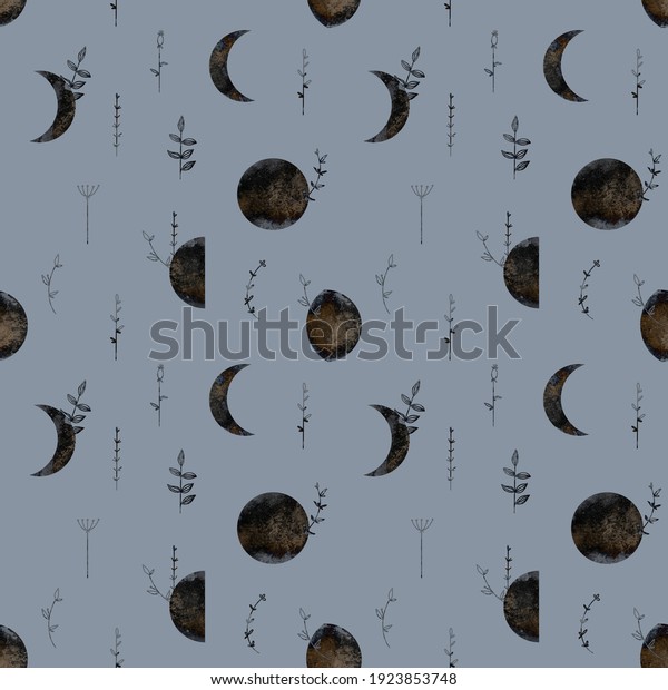 Astrology moon and branches of plants herbs with\
leaves pattern seamless square isolate on blue background. Textured\
digital art. Print for textiles, postcard, banner, website,\
stationery,\
tattoo